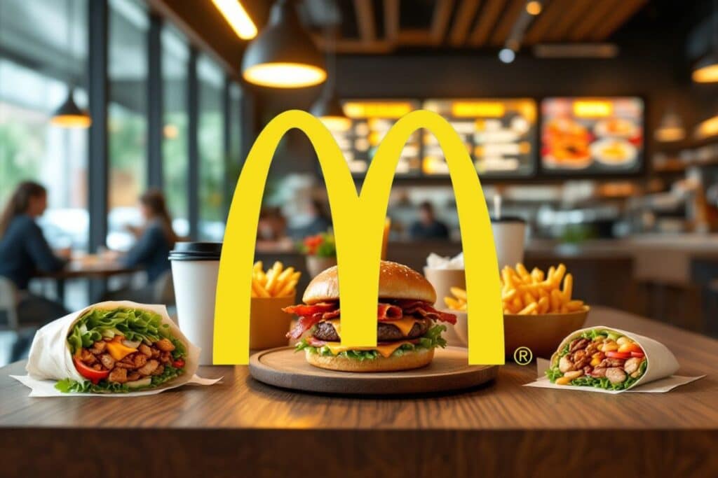Repas rapide avec burger, wraps et frites.