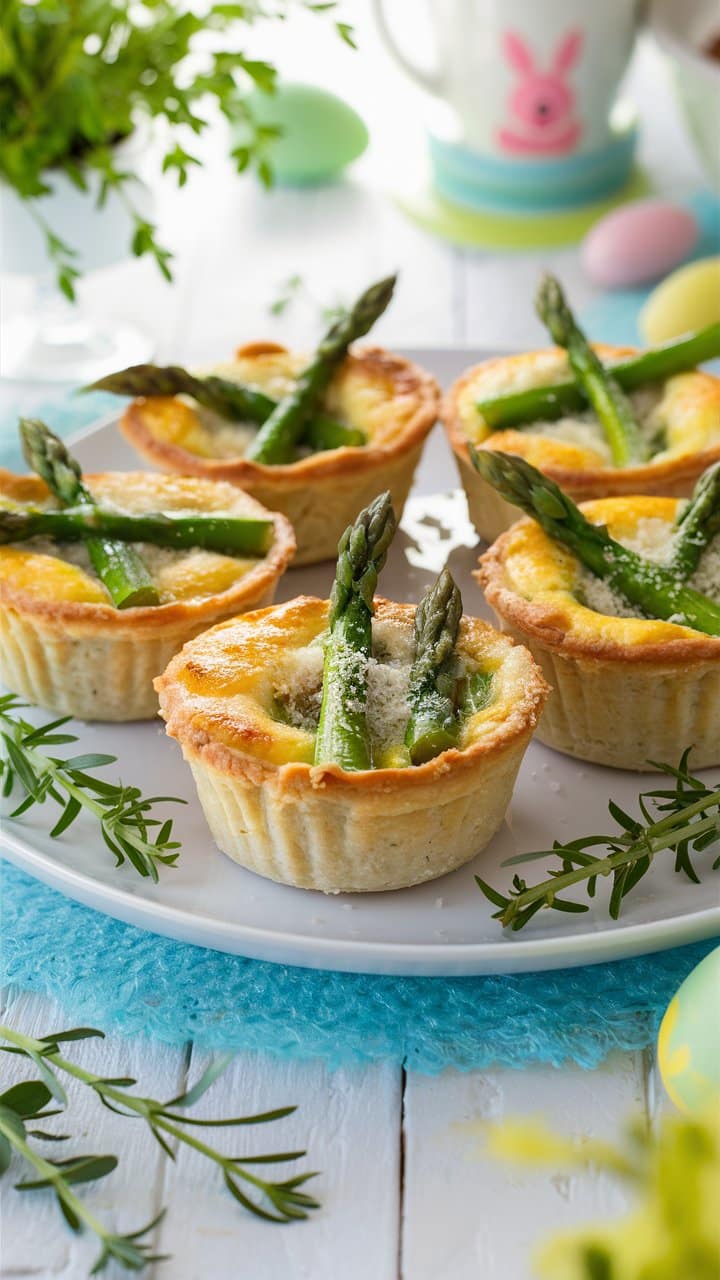 Mini quiches aux asperges sur assiette blanche.