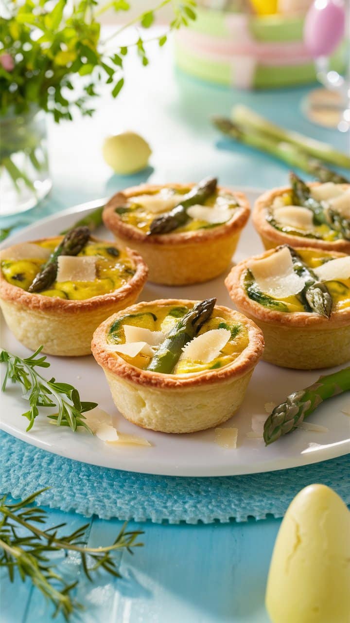 Tartelettes asperges et fromage sur assiette blanche.