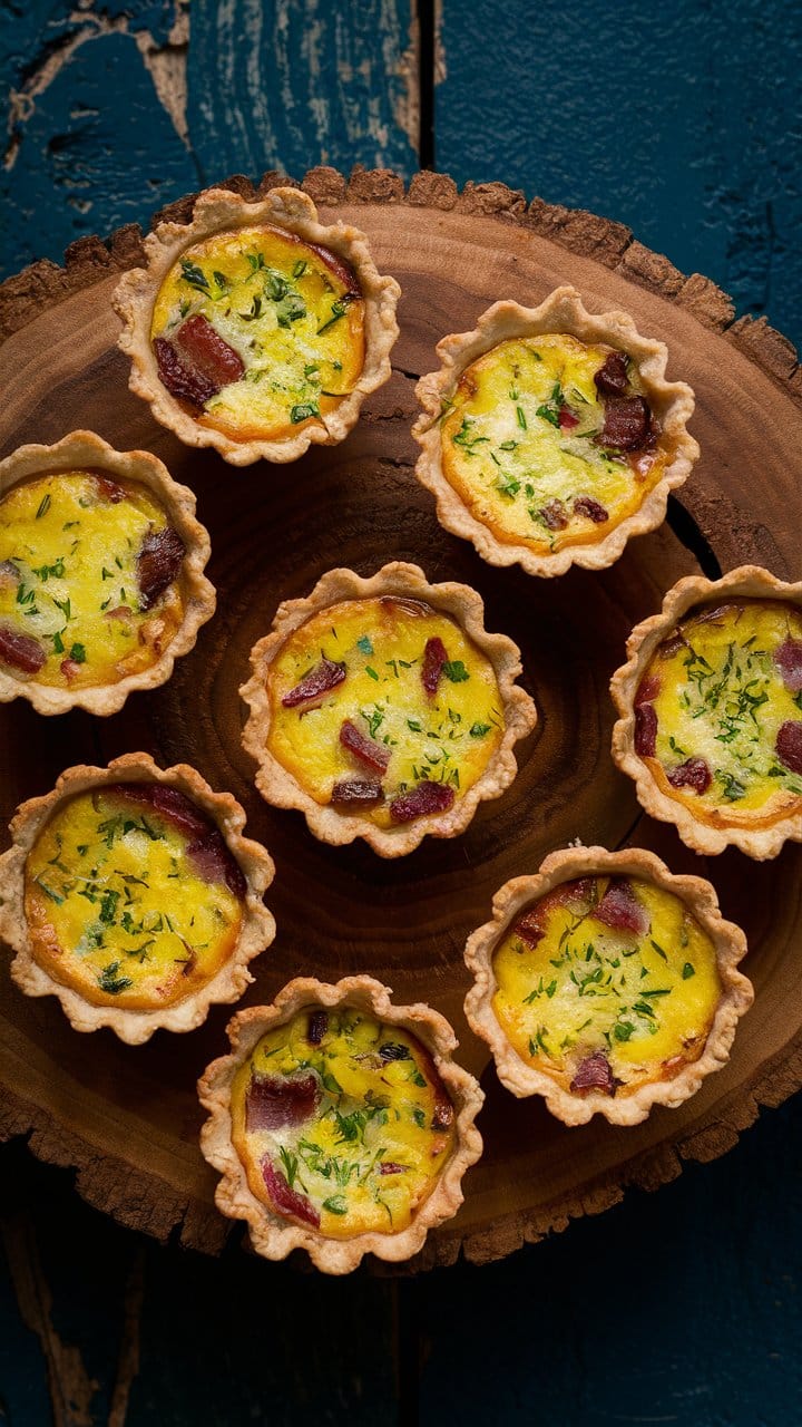 Mini quiches sur plateau en bois.