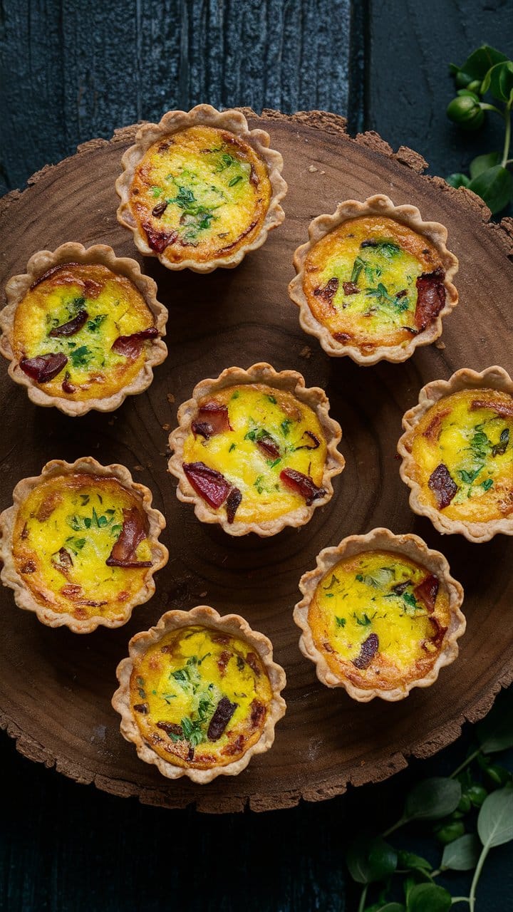 Mini quiches sur une planche en bois.