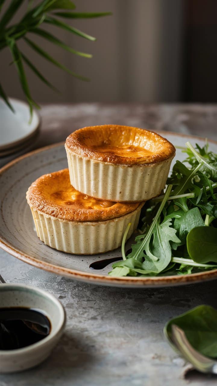 Quiches servies avec salade verte sur assiette.
