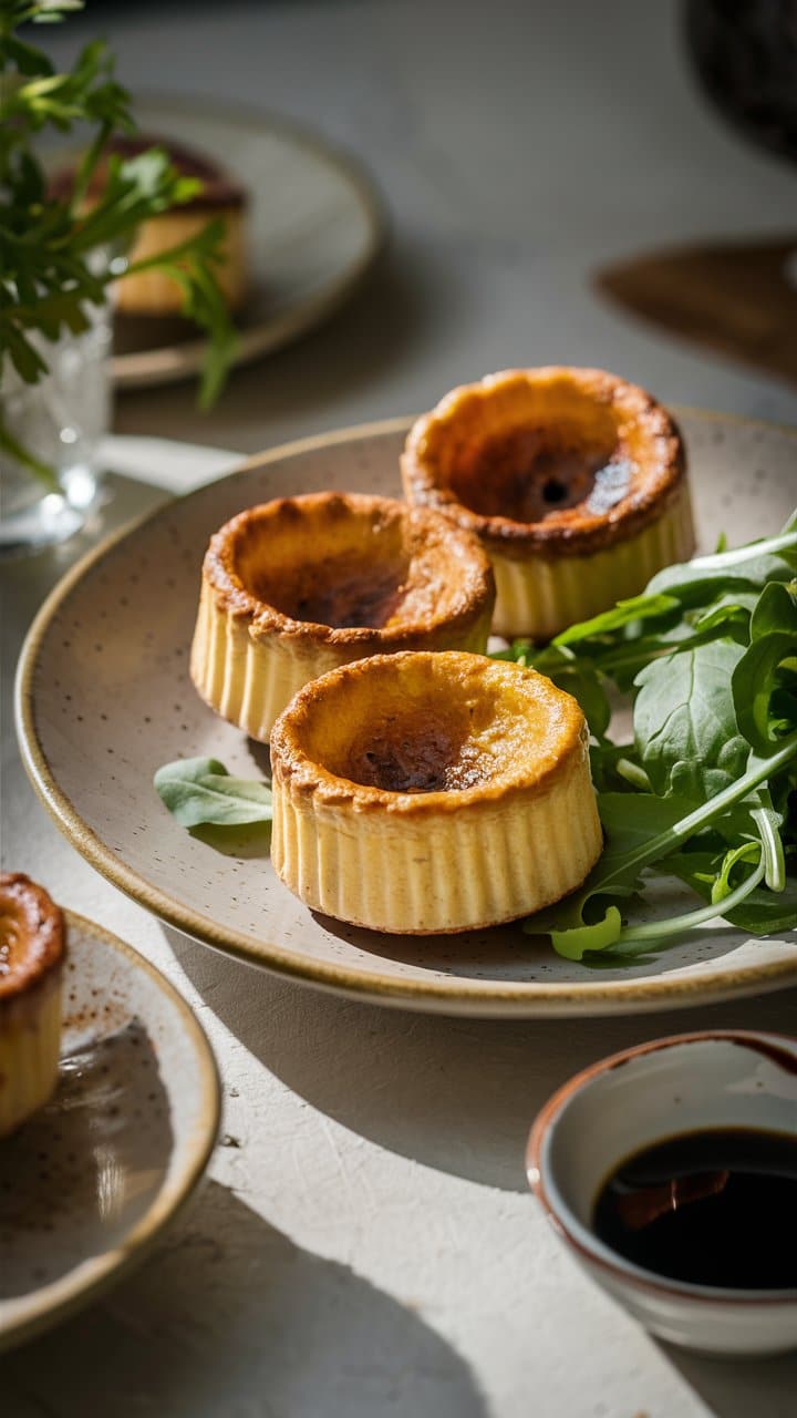 Tartelettes feuilletées avec salade verte sur assiette.