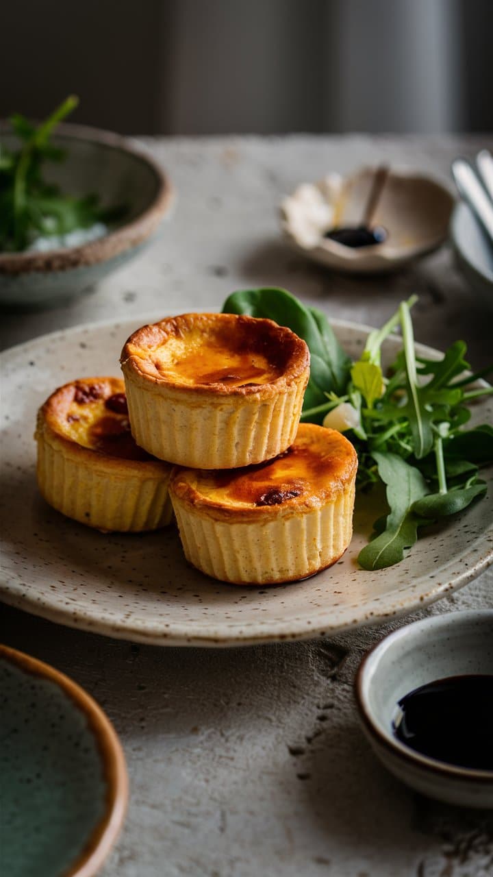 Petites tartes sur assiette avec salade verte.