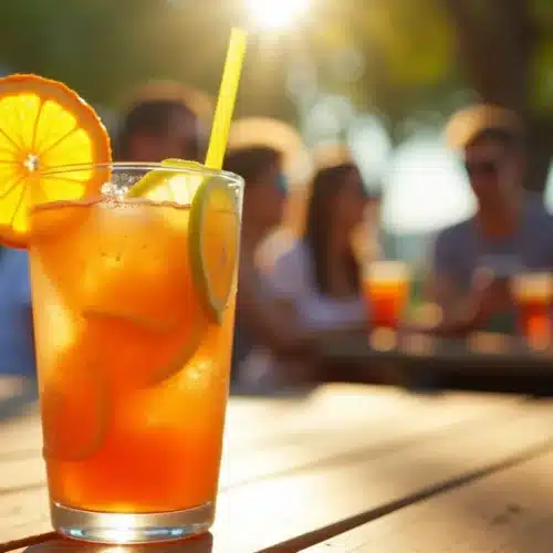 Verre de thé glacé sur une terrasse ensoleillée.