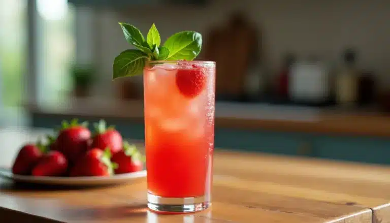 Boisson à la fraise avec glace et menthe, fraîche.