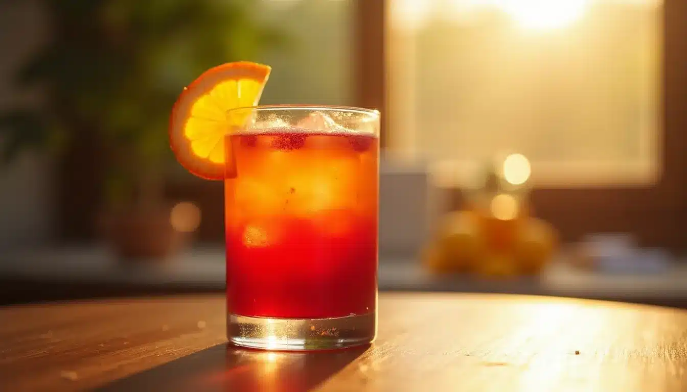 Cocktail orange rouge avec tranche d'orange ensoleillé.