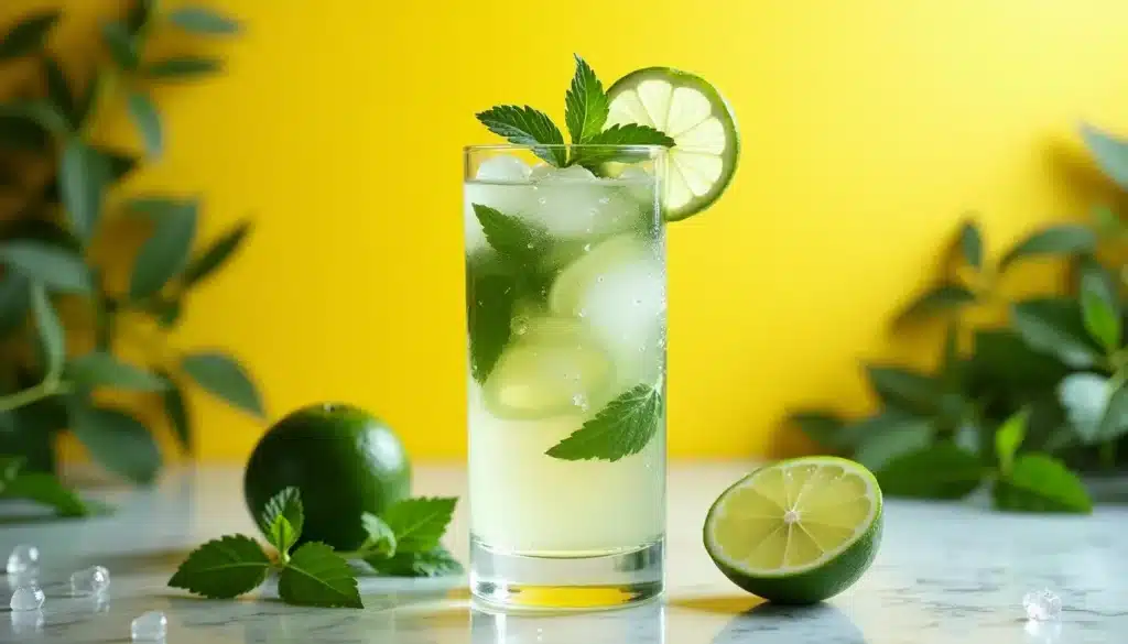 Cocktail au citron vert et menthe sur fond jaune.