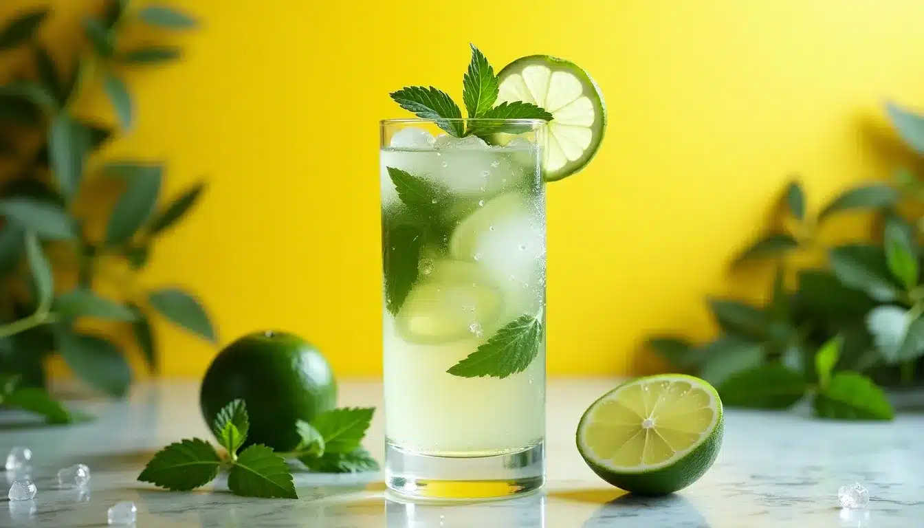 Cocktail au citron vert et menthe sur fond jaune.