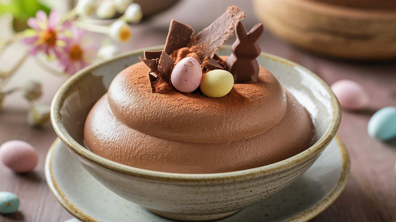 Mousse au chocolat décorée d'œufs de Pâques