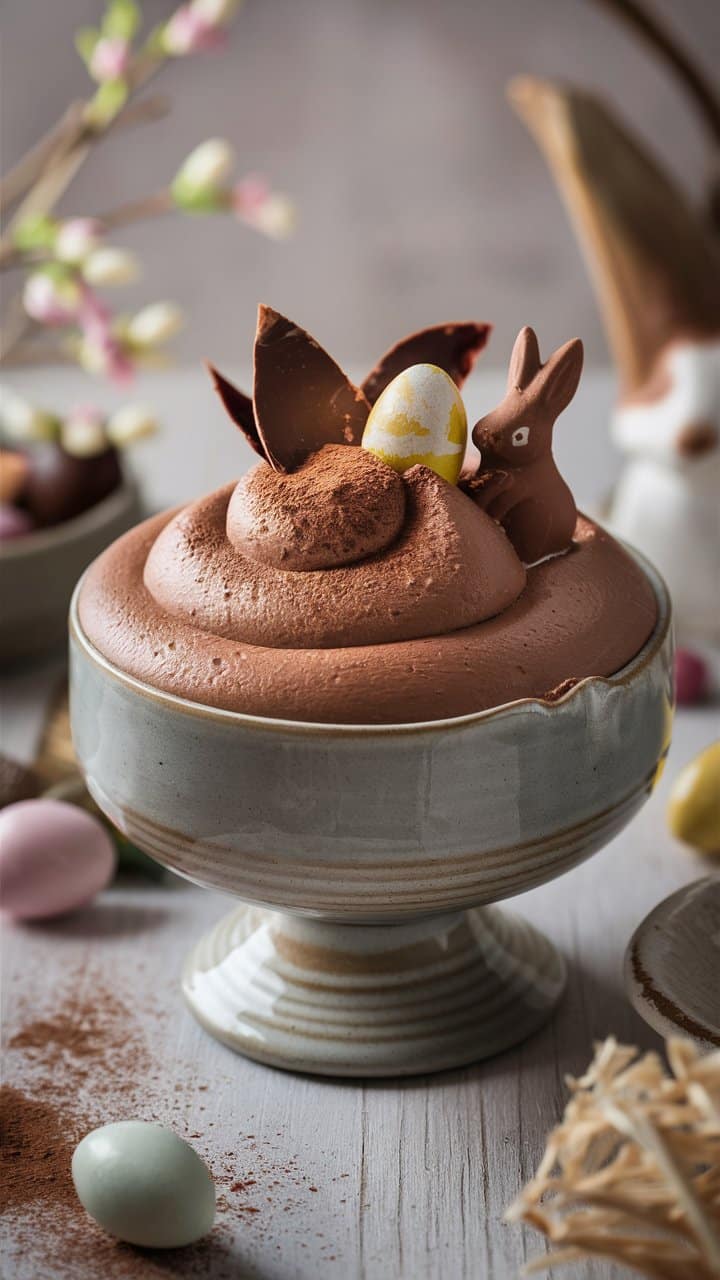 Mousse au chocolat avec décorations de Pâques.