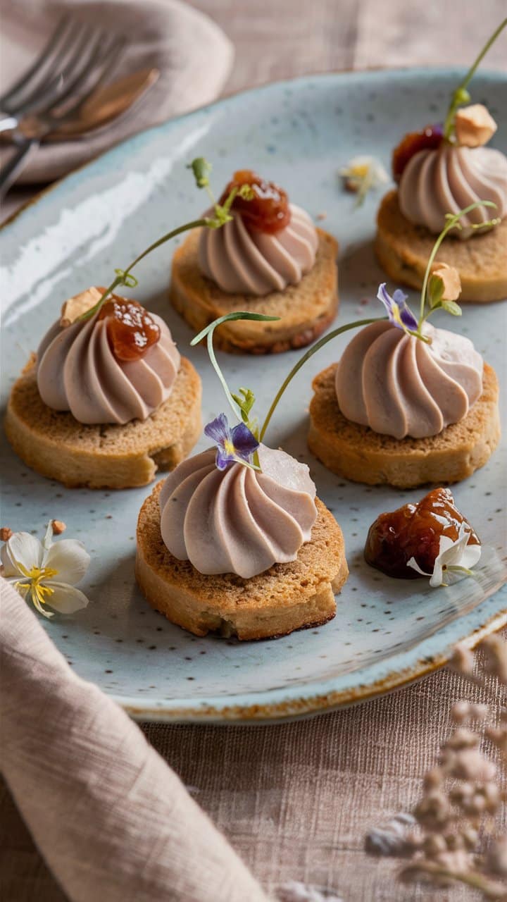 Canapés gourmets sur assiette bleue avec garnitures.