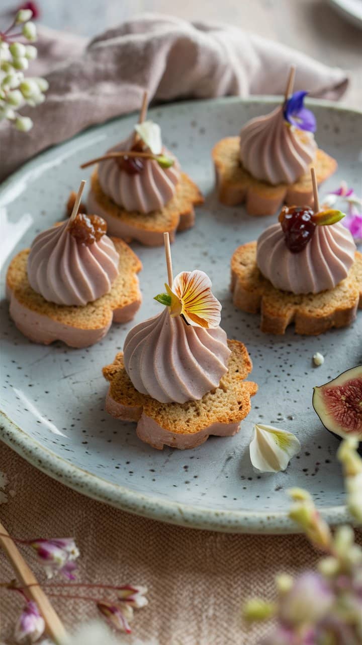 Mini toasts au pâté, décorés de fleurs comestibles.