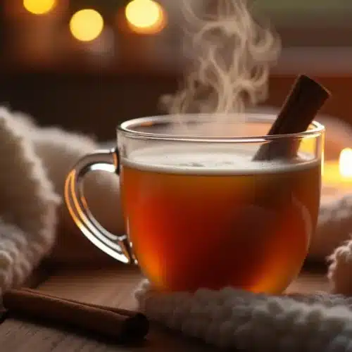 Thé chaud avec cannelle, chandelles allumées, ambiance cosy.