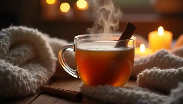 Thé chaud avec cannelle, chandelles allumées, ambiance cosy.