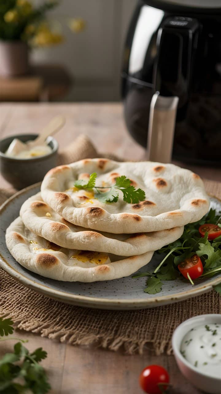 Assiette de pains naan avec salade et sauce.