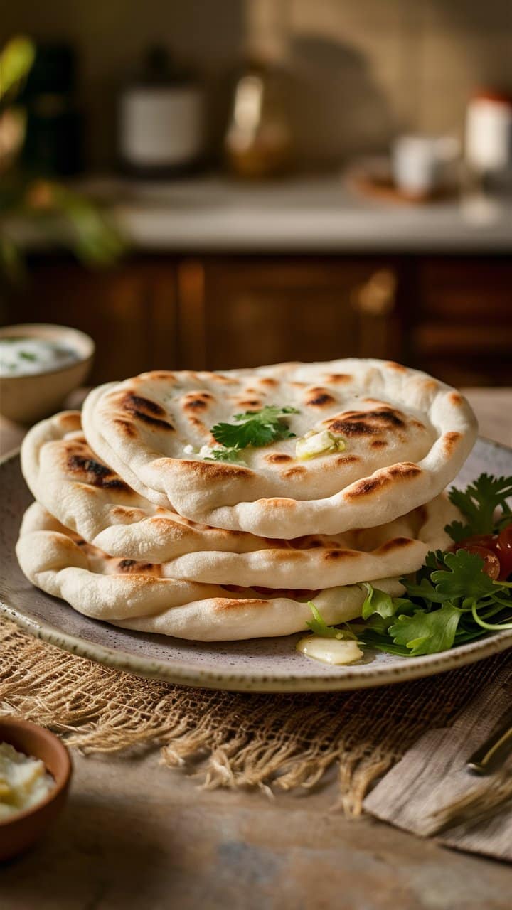 Assiette de naans moelleux garnis de beurre.