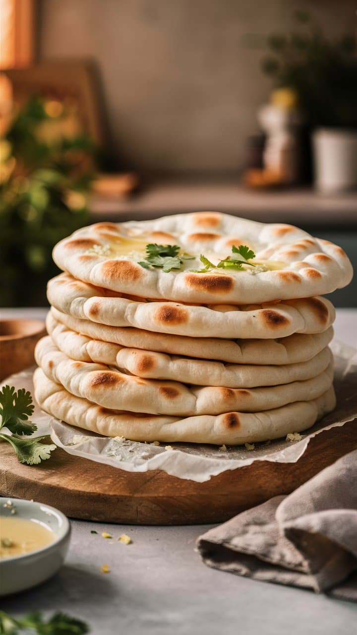 Pile de pain naan sur une planche.