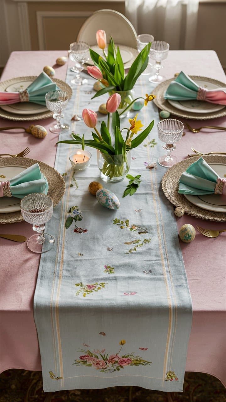 Table décorée avec fleurs et œufs colorés.