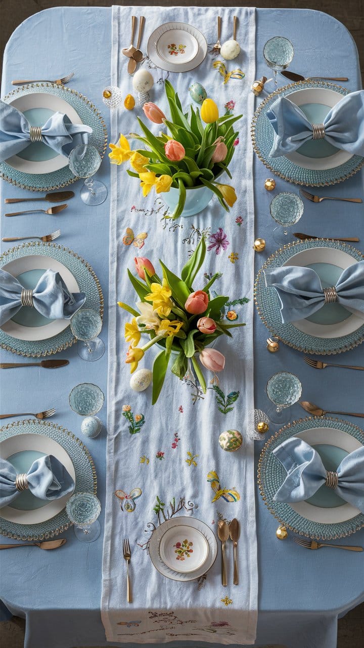 Table décorée avec fleurs et serviettes bleues.