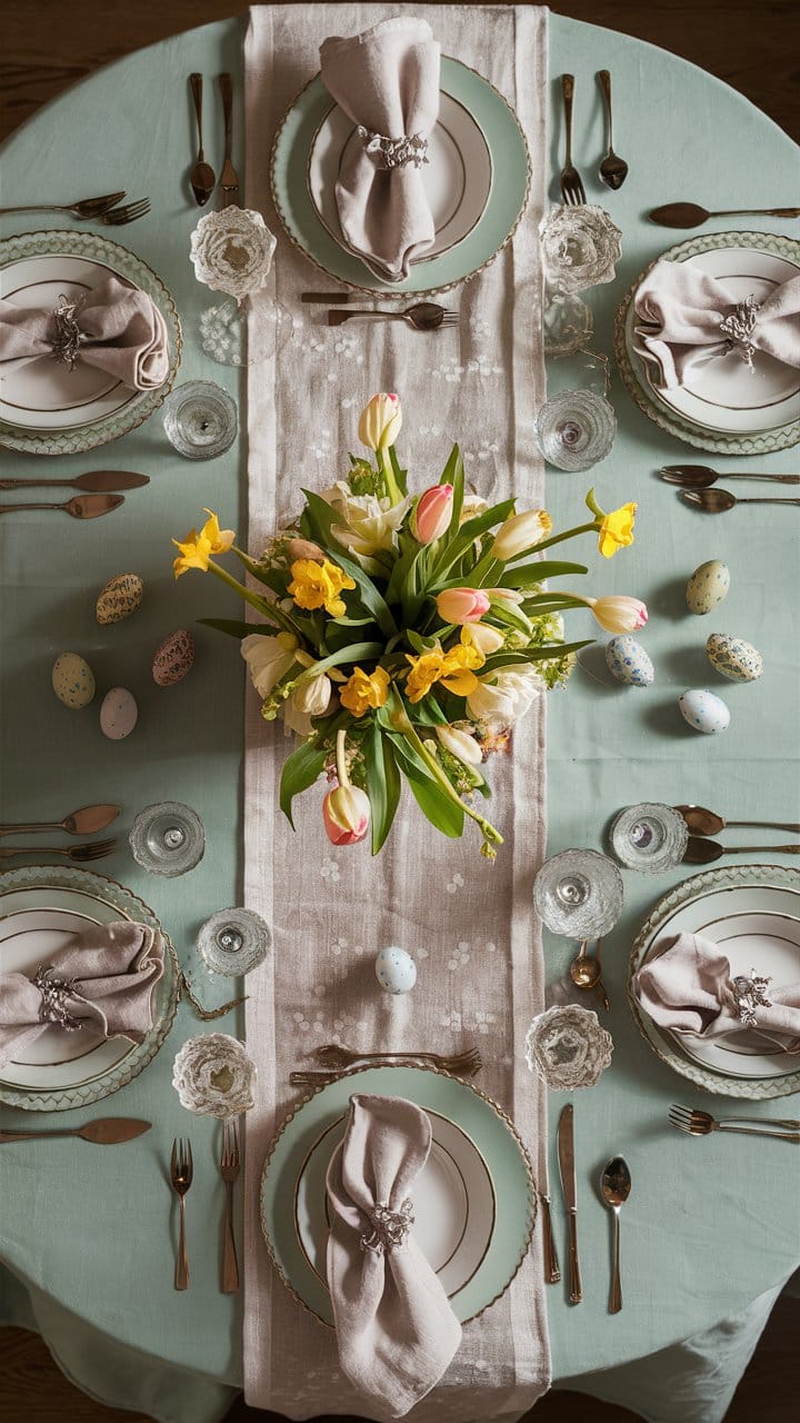Table dressée avec fleurs et décorations de Pâques.
