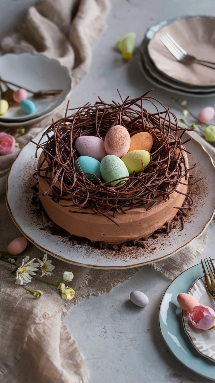 Gâteau chocolat Pâques avec œufs colorés.