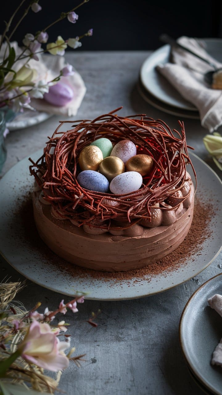 Gâteau chocolat avec œufs en chocolat dans un nid.