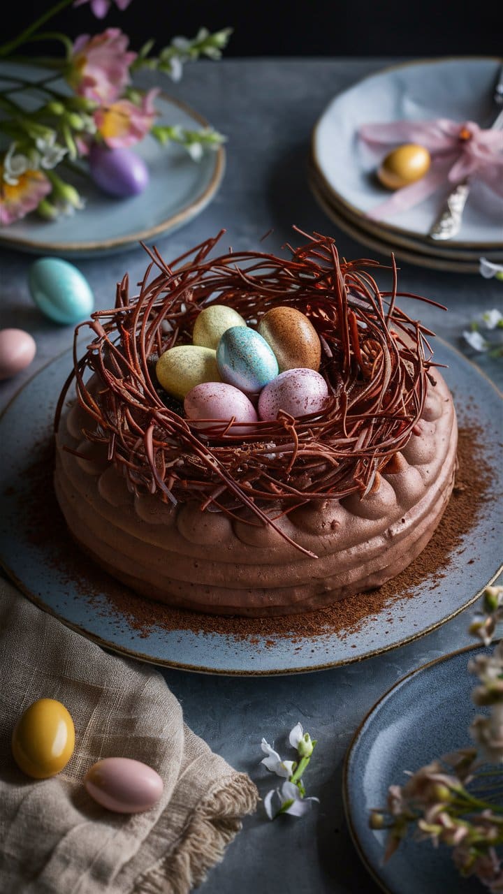 Gâteau chocolat avec œufs en sucre colorés.