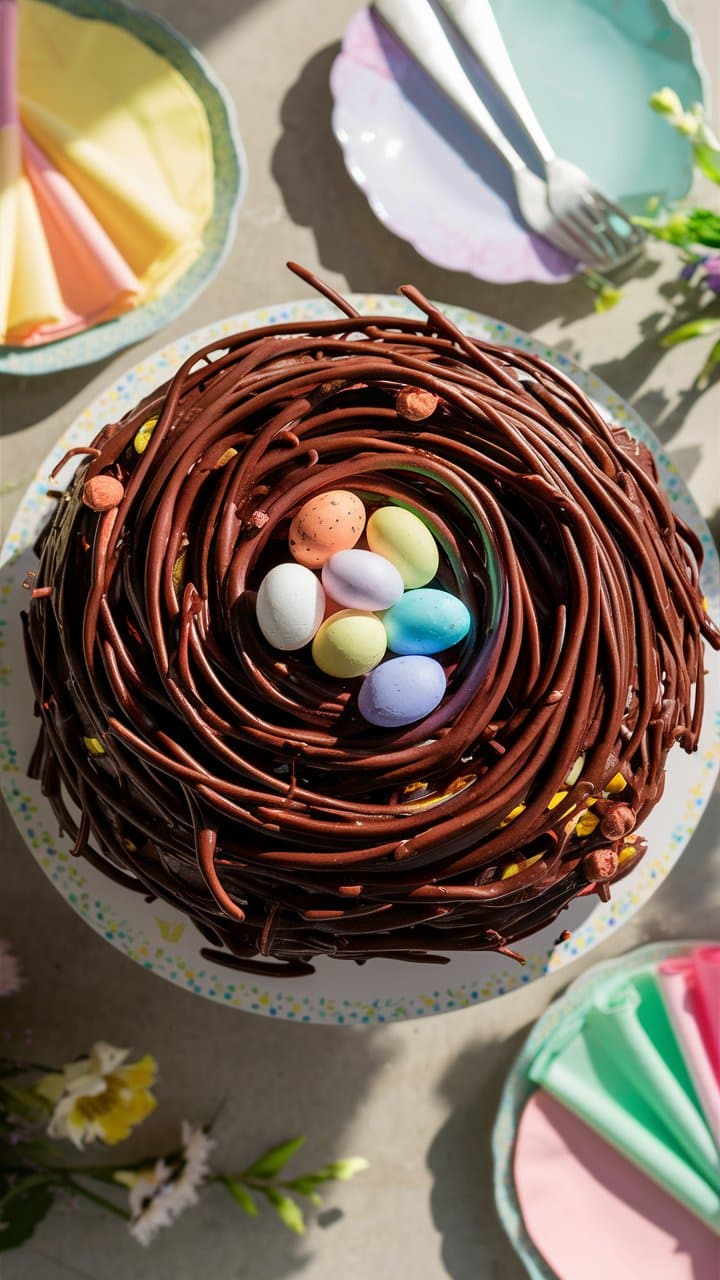 Gâteau nid de Pâques avec œufs colorés.