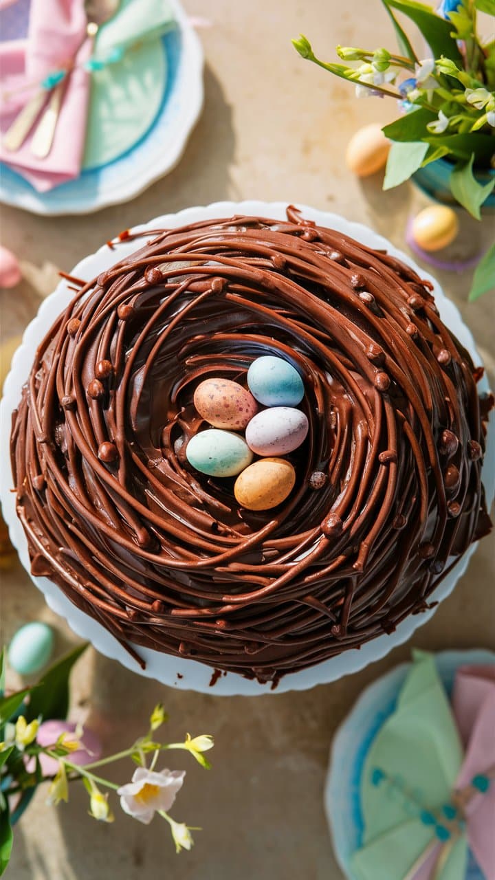 Gâteau nid de Pâques avec œufs en chocolat.