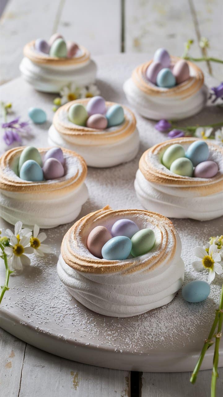Nids à la meringue avec œufs colorés.