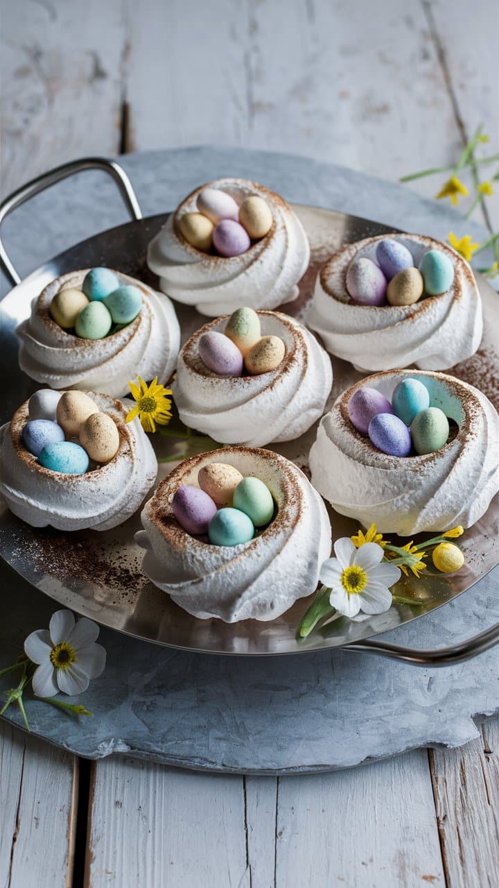 Nids de Pâques en meringue avec œufs colorés.