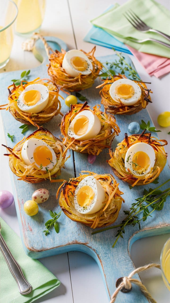 Nids de pommes de terre avec œufs soft-boiled.
