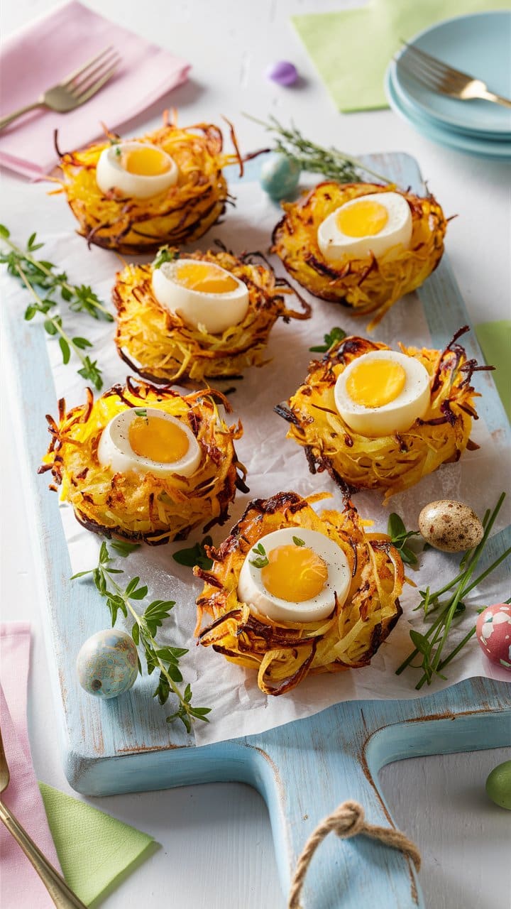 Nids de pommes de terre avec œufs mollets