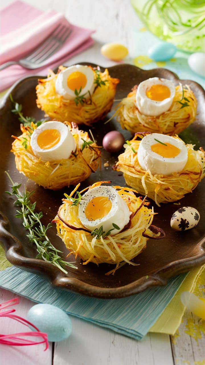 Nids de pommes de terre avec œufs durs.
