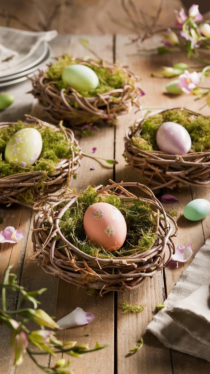 Nids avec œufs de Pâques décorés, table en bois.
