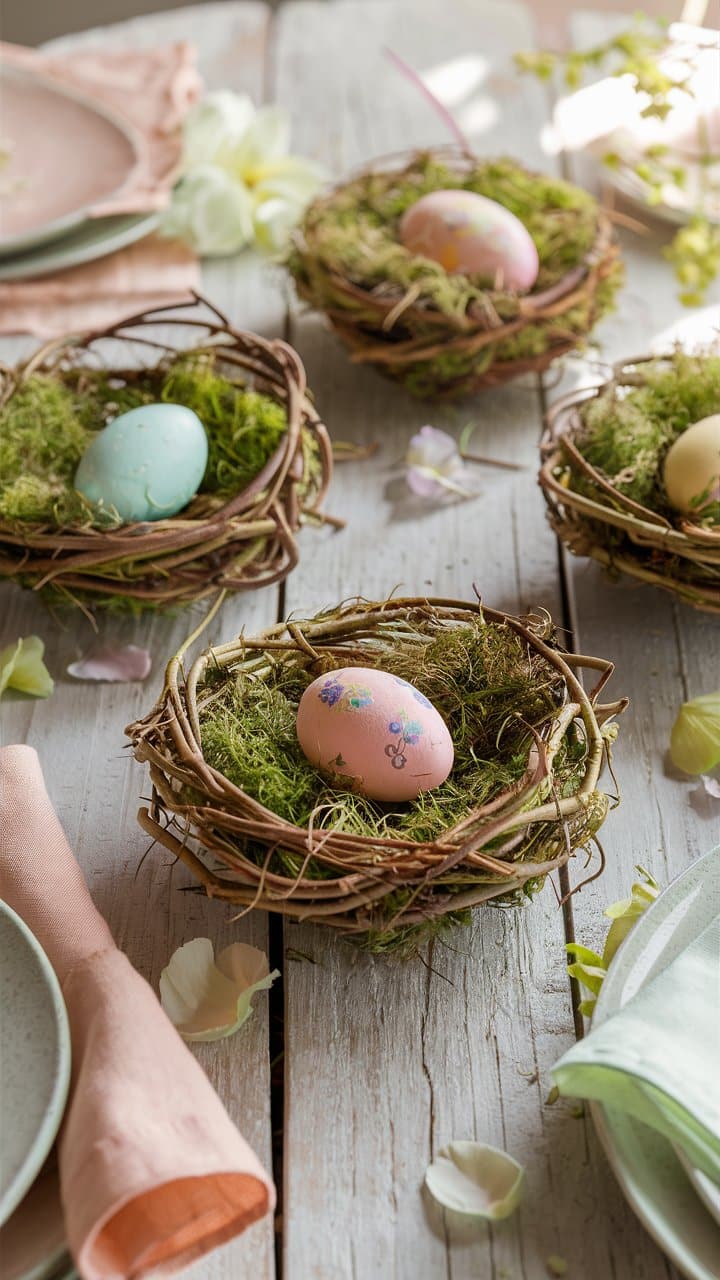 Nids d'œufs décorés sur table en bois.