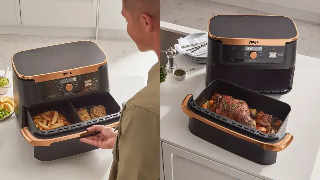 Friteuse Ninja avec compartiments aliments cuits.