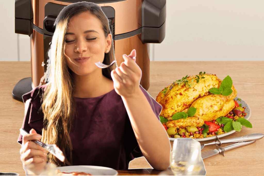 Femme dégustant un plat devant un cuiseur à riz.