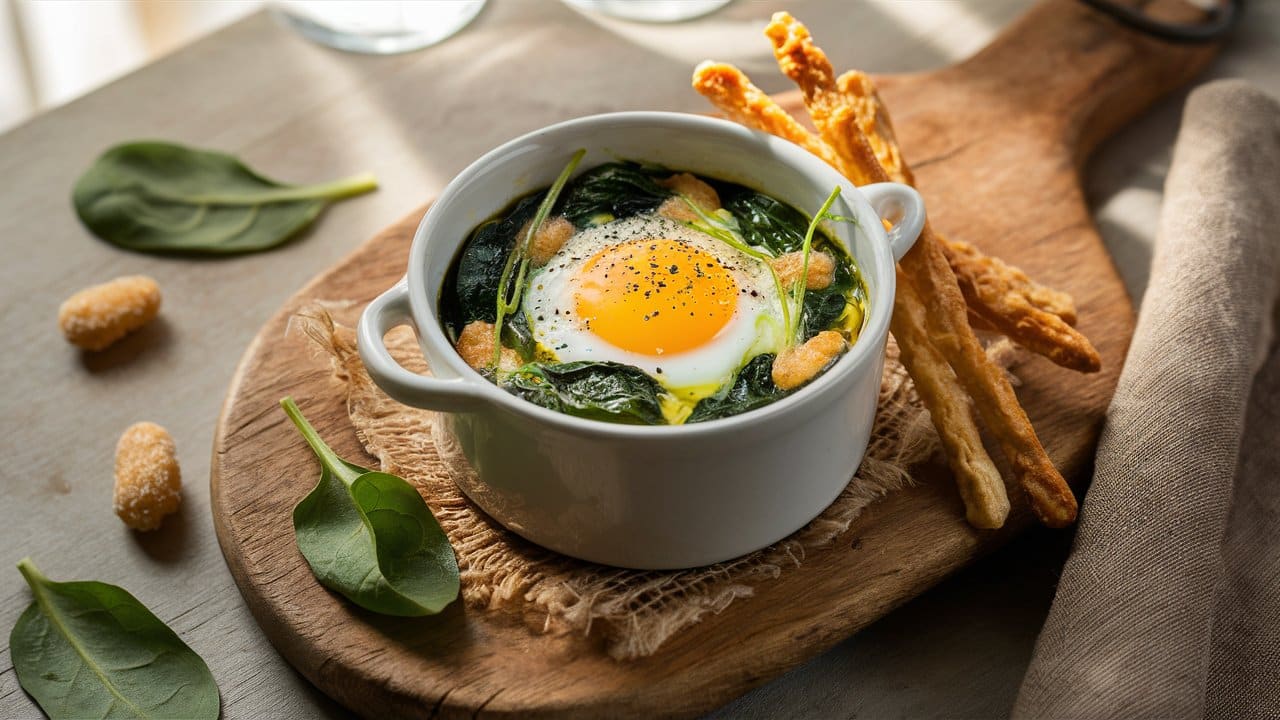 Cocotte d'épinards avec œuf et croûtons.
