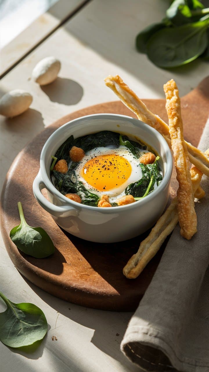 Plat d'œuf, épinards et croûtons.