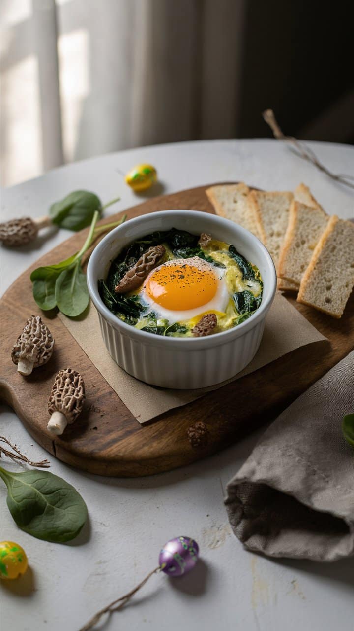 Plat d'œuf au four avec champignons, épinards et pain