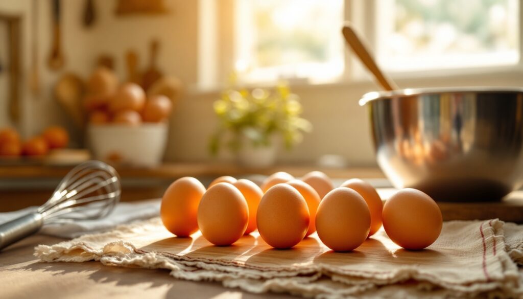Des œufs sur un torchon dans une cuisine.