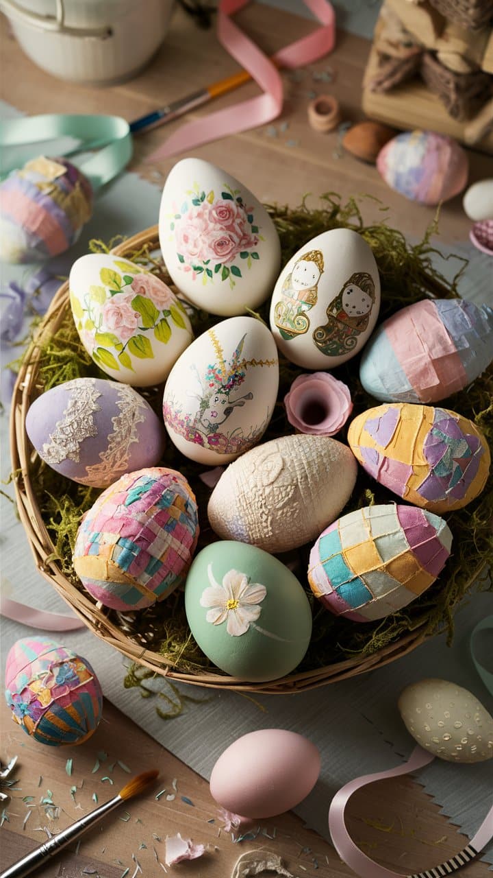 Oeufs de Pâques décorés dans un panier avec mousse.