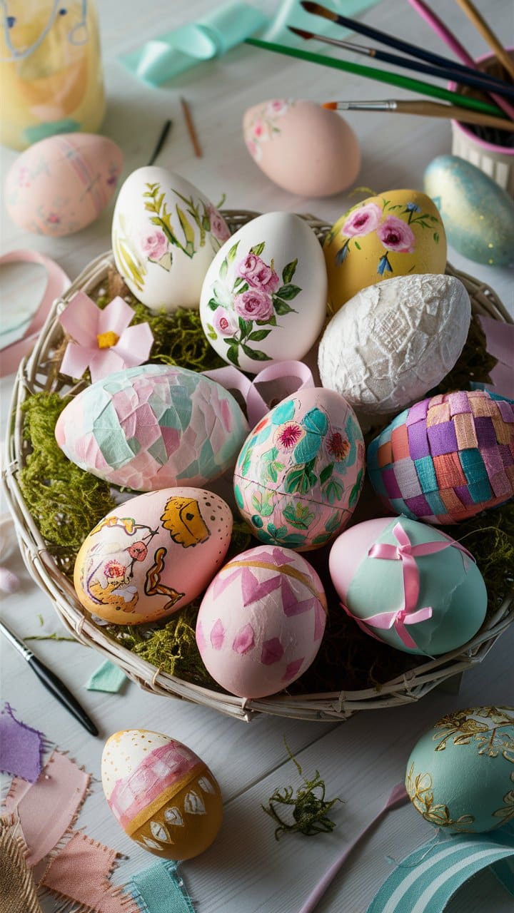 Œufs de Pâques décorés dans un panier.