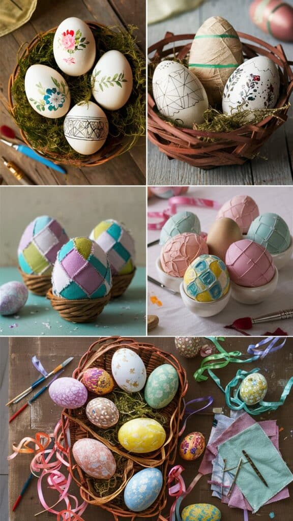 Oeufs de Pâques décorés dans des paniers.