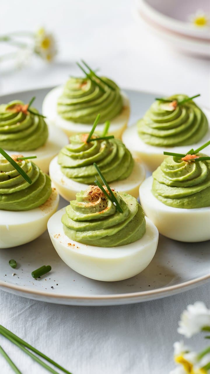 Oeufs mimosa à l'avocat, décoration ciboulette fraîche.