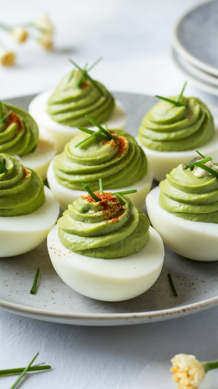 Oeufs farcis à l'avocat sur assiette grise.