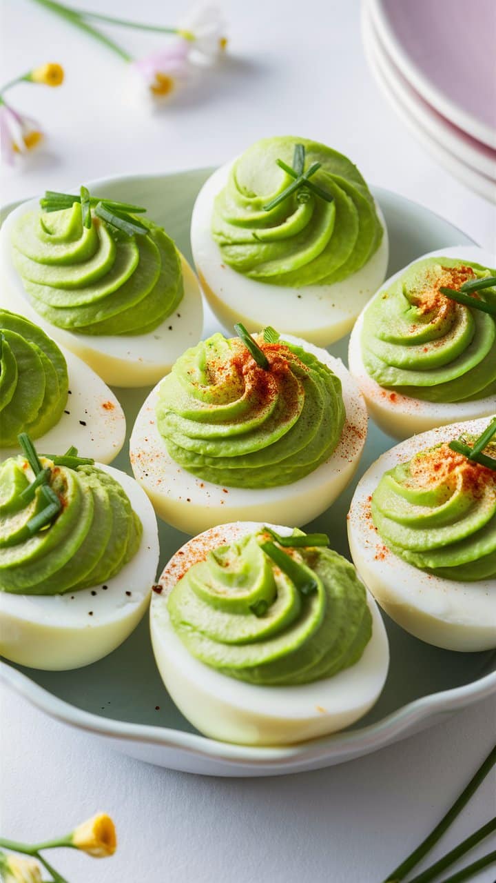 Œufs farcis au guacamole sur assiette blanche.