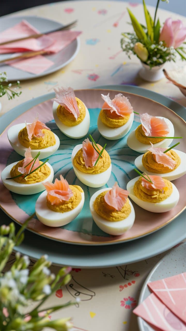 Oeufs farcis décorés de saumon sur assiette fleurie.
